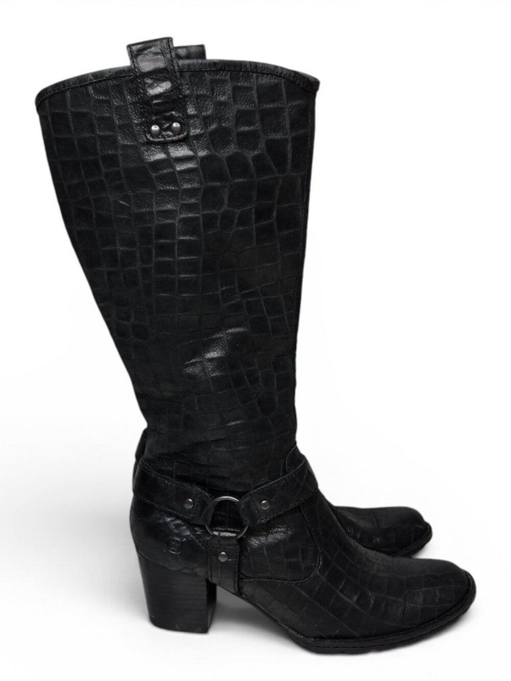 Born Distressed Croc Embossed Leather Harness Boots Womens Moto Block Heel 7 - Picture 6 of 14